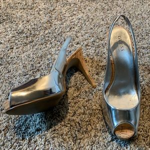 Guess Silver Metallic Peep Toe Cork Heel Slingback Heels